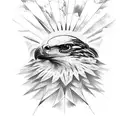 Black and white hawk with colored eyes on top of mountain with the sun in the back tattoo design idea
