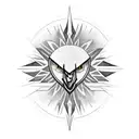 Black and white hawk with colored eyes on top of mountain with the sun in the back tattoo design idea