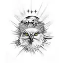 Black and white hawk with colored eyes on top of mountain with the sun in the back tattoo design idea