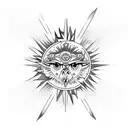 Black and white hawk with colored eyes on top of mountain with the sun in the back tattoo design idea