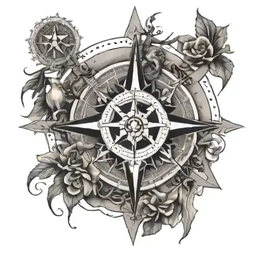 An intricate compass rose with hunting symbols integrated into the design tattoo design idea