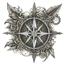 An intricate compass rose with hunting symbols integrated into the design tattoo design idea