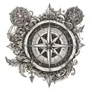 An intricate compass rose with hunting symbols integrated into the design tattoo design idea