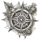 An intricate compass rose with hunting symbols integrated into the design tattoo design idea