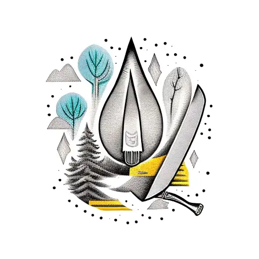 A chef's knife and fork crossed over a forest scene, representing the connection between food and nature tattoo design idea