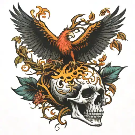 Phoenix flying out of a skull tree intertwined  tattoo design idea