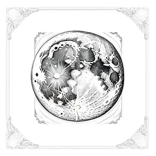 The moon, in a baroque frame, with moldings on the edge of the frame, sketch style, black and white tattoo design idea