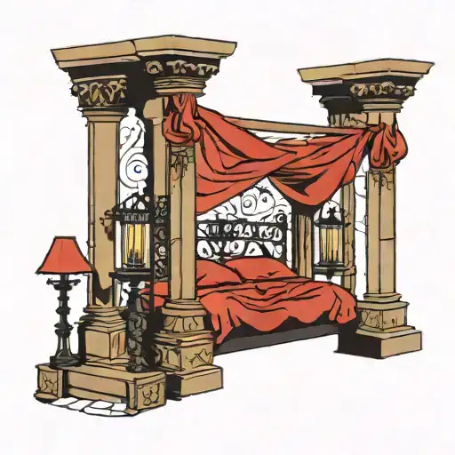bed with pillars tattoo design idea