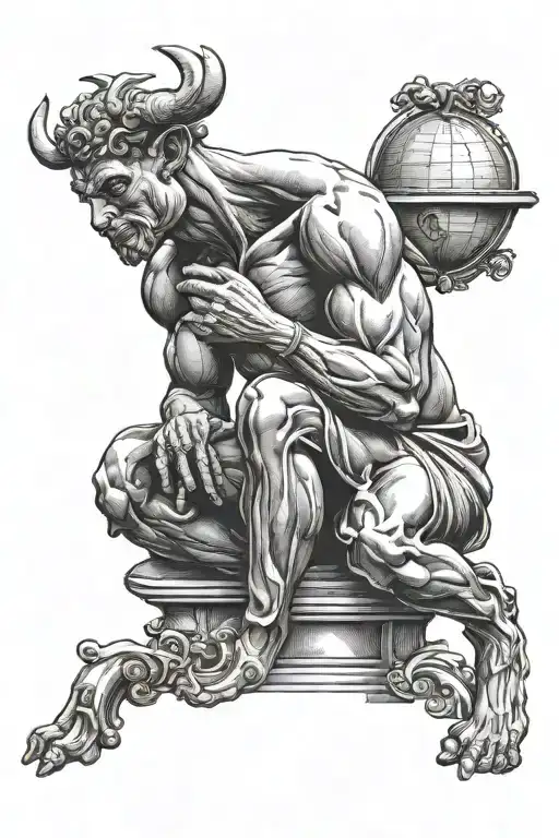 Half bull half man sitting as the thinker statue on a globe with a book in his hands tattoo design idea