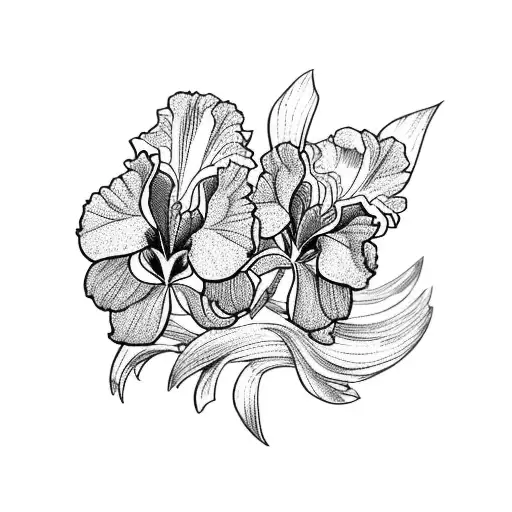 violet, primrose, iris bouqet tattoo design idea