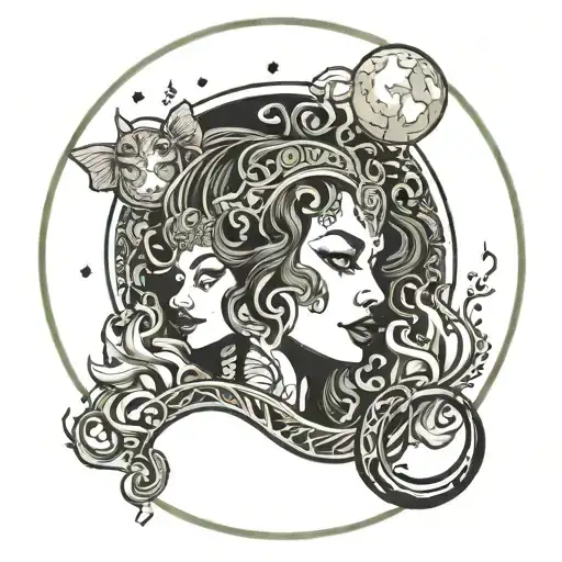 The names “Arianna” “Jaxson” “Gianna” “A.J.” “Holden” “Rayne” “Sawyer” inside a goddess moon tattoo design idea