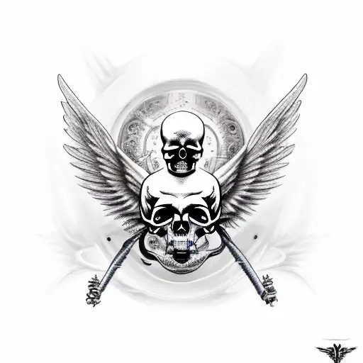 angel, skull, wings with eyes, apocalyptic tattoo design idea