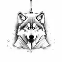 A wolf dog husky hybrid character dressed as a chef, holding a spatula and a game controller tattoo design idea