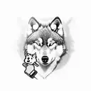 A wolf dog husky hybrid character dressed as a chef, holding a spatula and a game controller tattoo design idea