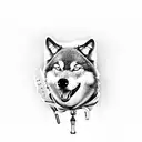 A wolf dog husky hybrid character dressed as a chef, holding a spatula and a game controller tattoo design idea