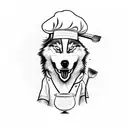 A wolf dog husky hybrid character dressed as a chef, holding a spatula and a game controller tattoo design idea