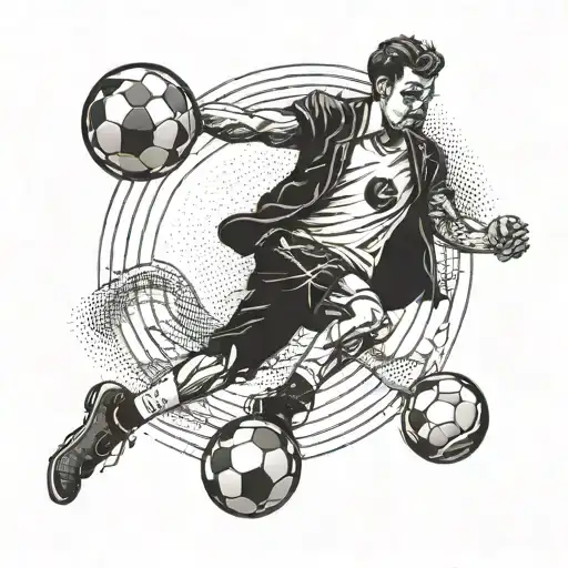 A dotwork design of a jack kicking a soccer ball with a saxophone strapped to their back tattoo design idea