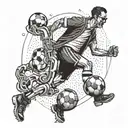 A dotwork design of a jack kicking a soccer ball with a saxophone strapped to their back tattoo design idea
