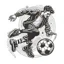 A dotwork design of a jack kicking a soccer ball with a saxophone strapped to their back tattoo design idea