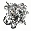A dotwork design of a jack kicking a soccer ball with a saxophone strapped to their back tattoo design idea