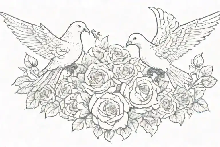 Cazares in old English with roses and doves flying tattoo design idea