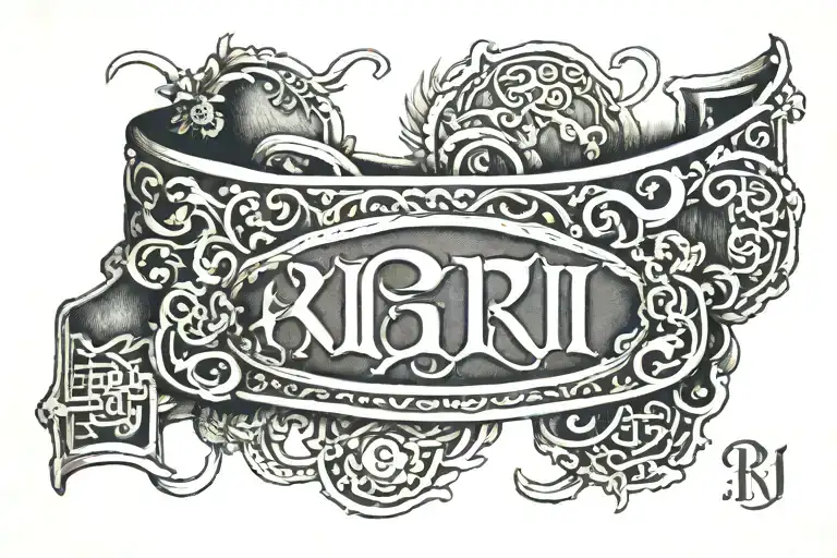 armband with roman dates incorporated and hindi alphabet 'ri' in the middle tattoo design idea
