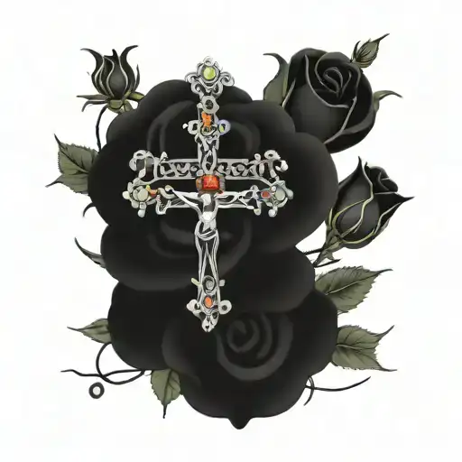 Lithuanian rosary in a bed of roses and rue flowers with barb wire running through tattoo design idea