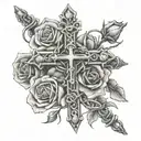 Lithuanian rosary and cross wrapped in roses with barb wire stems, rue flowers tattoo design idea