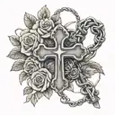 Lithuanian rosary and cross wrapped in roses with barb wire stems, rue flowers tattoo design idea
