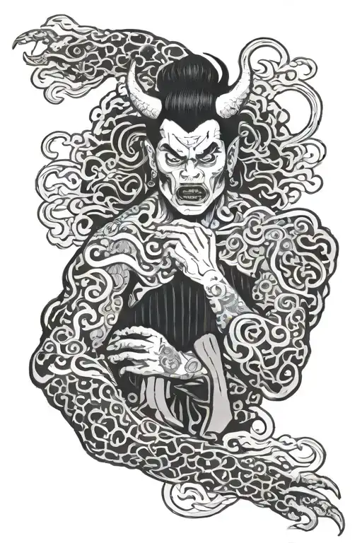 man staying and looking at his fear that looks like a demon tattoo design idea