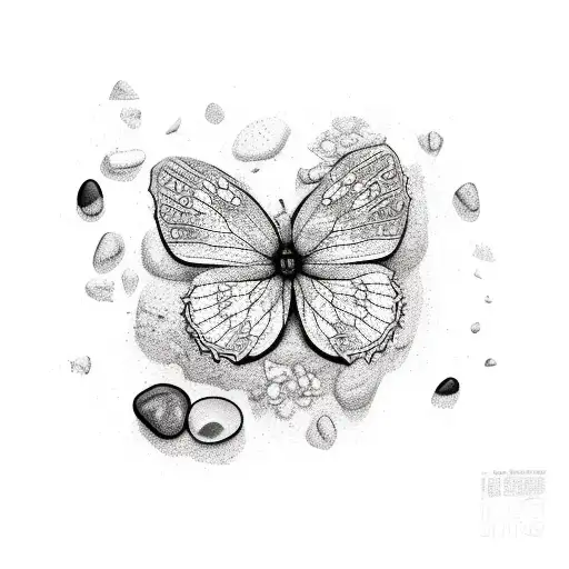 marigolds and violets surrounded by pebbles with butterfly tattoo design idea