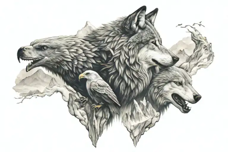 wolf and eagle mountain tattoo design idea