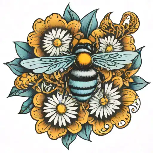 detailed daisy blues with tiny bee and tribal designs tattoo design idea