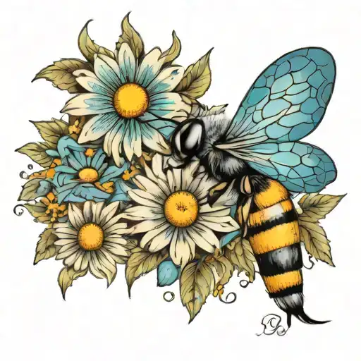 detailed daisy blues with tiny bee and boho designs tattoo design idea