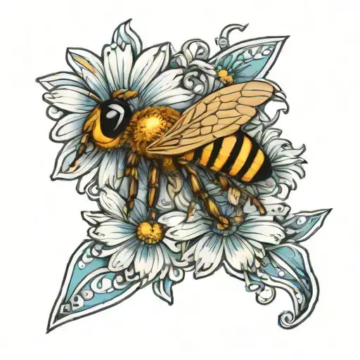 3D daisy blues with tiny bee and boho designs tattoo design idea