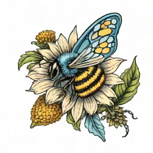 detailed daisy blues with tiny bee and dot designs tattoo design idea