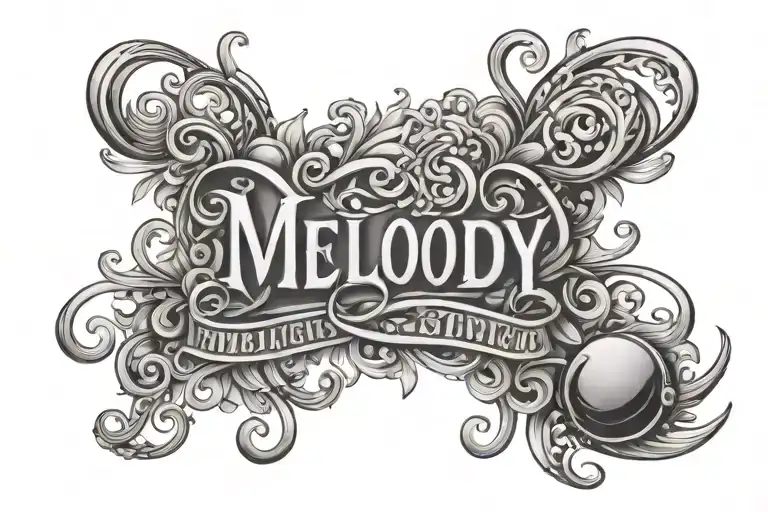 wired ear buds spelling the word "melody" tattoo design idea