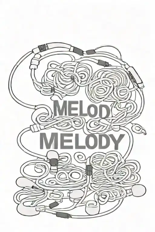 ear buds spelling the word "melody" tattoo design idea