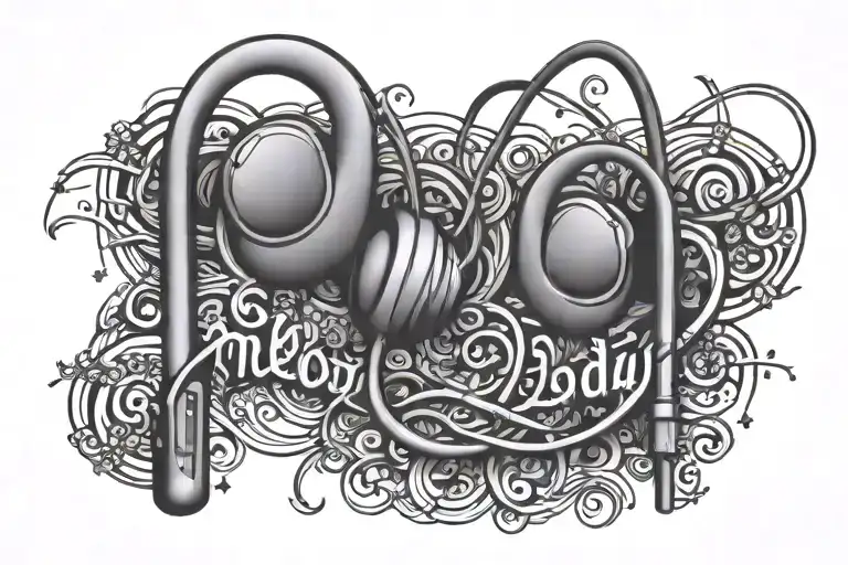 wired ear buds spelling the word "melody" tattoo design idea