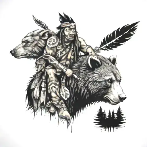 A native american warrior hunting a black bear tattoo design idea