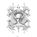 creation of Adam painting with gates of heaven and angles playing the harp tattoo design idea