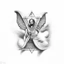 creation of Adam painting with gates of heaven and angles playing the harp tattoo design idea