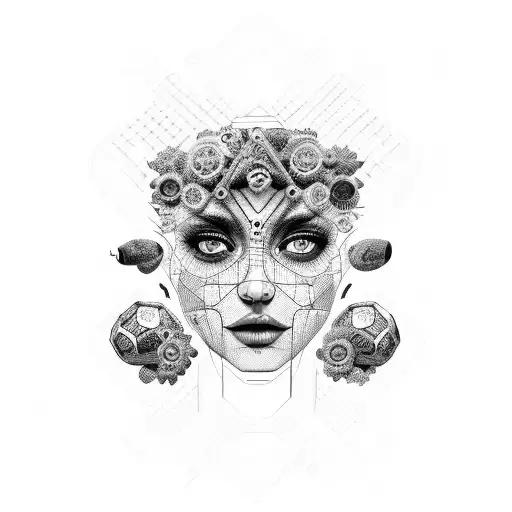 An intricate blackwork design of a woman's face made up of interconnected car parts and dice tattoo design idea