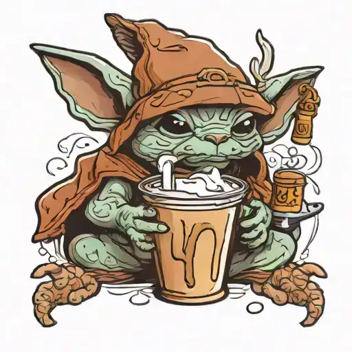 grogu drinking ice coffee tattoo design idea