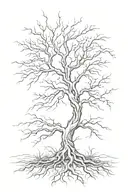 Tree without leaves and roots growing turning from organic to electic tattoo design idea
