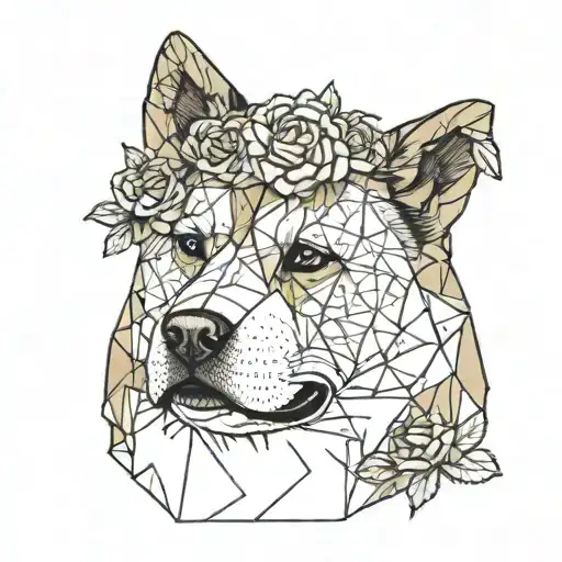 An American Akita wearing a crown of roses tattoo design idea