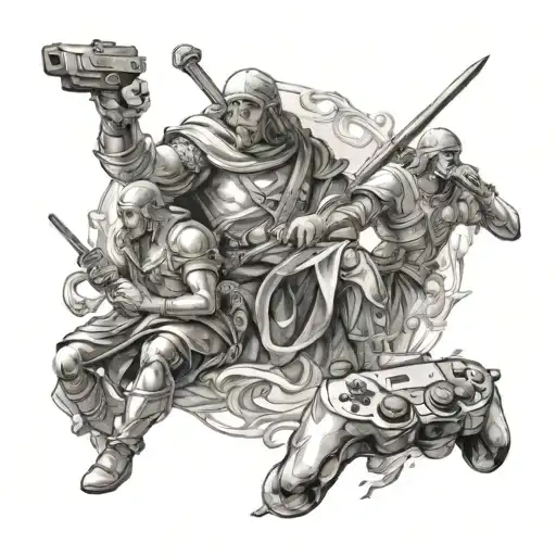A combination of a renaissance painting and a gaming scene tattoo design idea