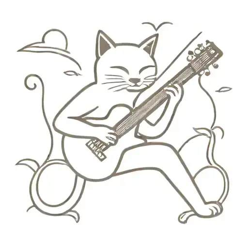 A minimalist tattoo of a cat playing a guitar in a sunny outdoor setting, combining your love for cats and music with the outdoors tattoo design idea