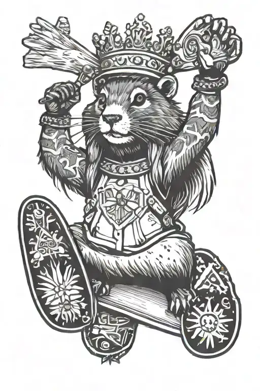 marmot hands up holding snowboard with a crown on her head tattoo design idea