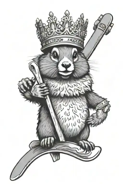 cross eye marmot hands up holding snowboard with a crown on her head tattoo design idea